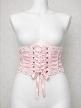 Pink Satin Waist Cincher Corset Lace Trim Adjustable XS